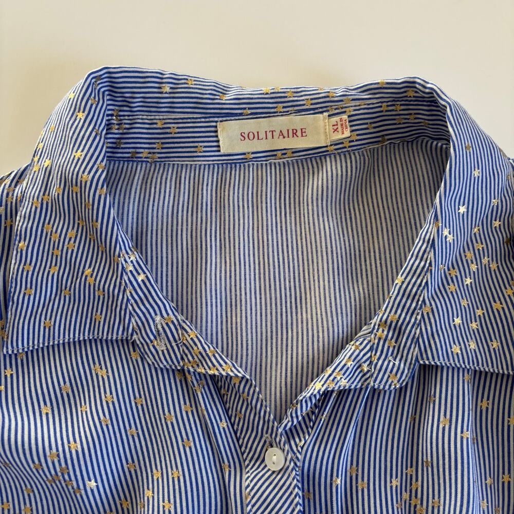 Solitaire Blue and White Striped Long Sleeve Button Down Blouse Gold Star Print - Picture 4 of 6